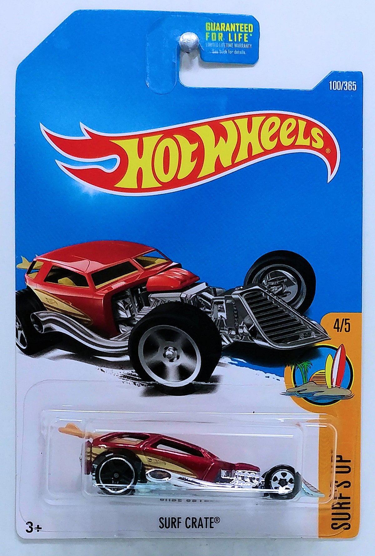 Hot Wheels 2017 - Collector # 100/365 - Surf's Up 4/5 - Surf Crate - Metallic Red - USA Card - Error - PR5 Wheels on Rear!