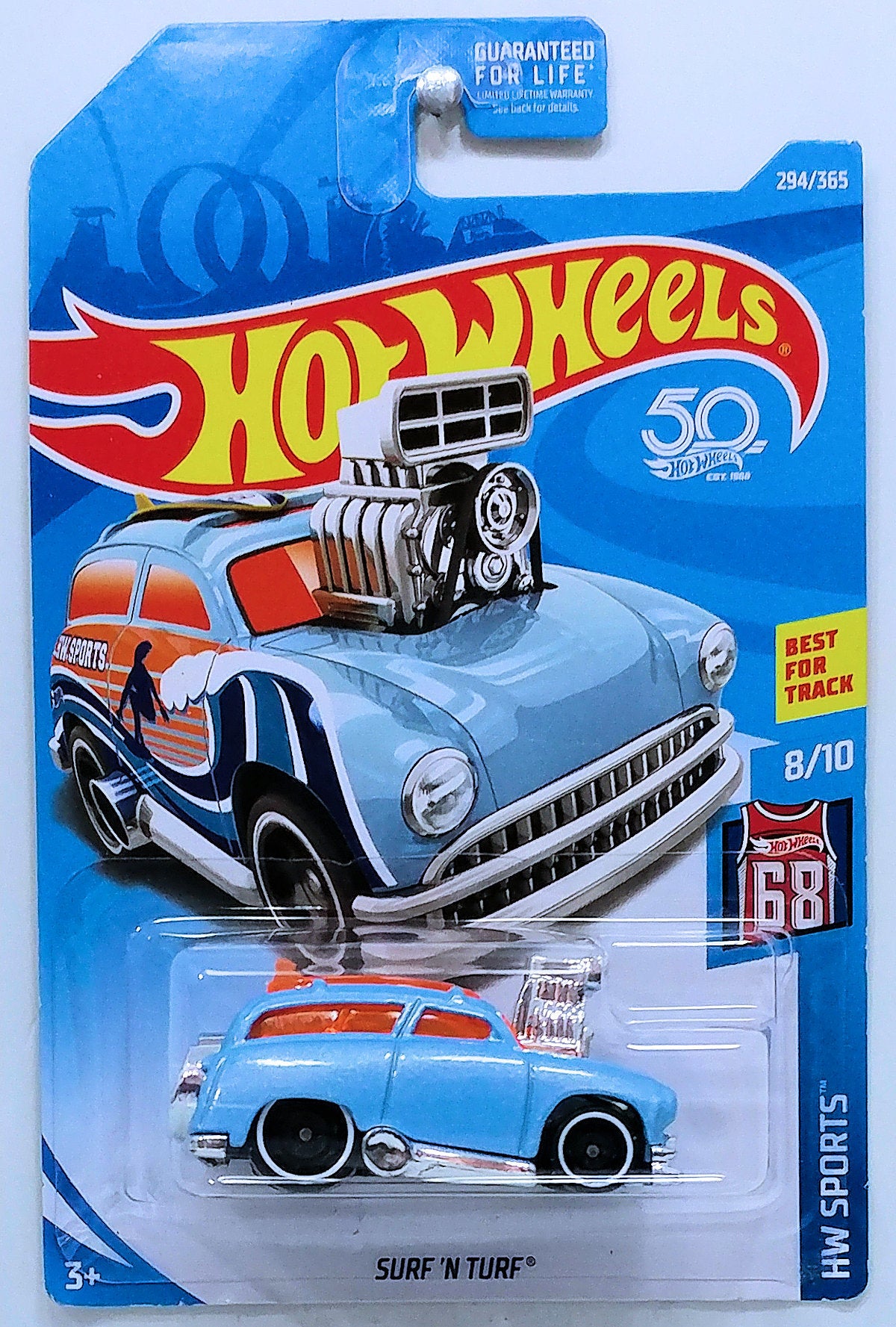 Hot Wheels 2018 - Collector # 294/365 - HW Sports 8/10 - Surf 'N Turf - Light Blue - USA 50th Card - ERROR NO Side Tampos!