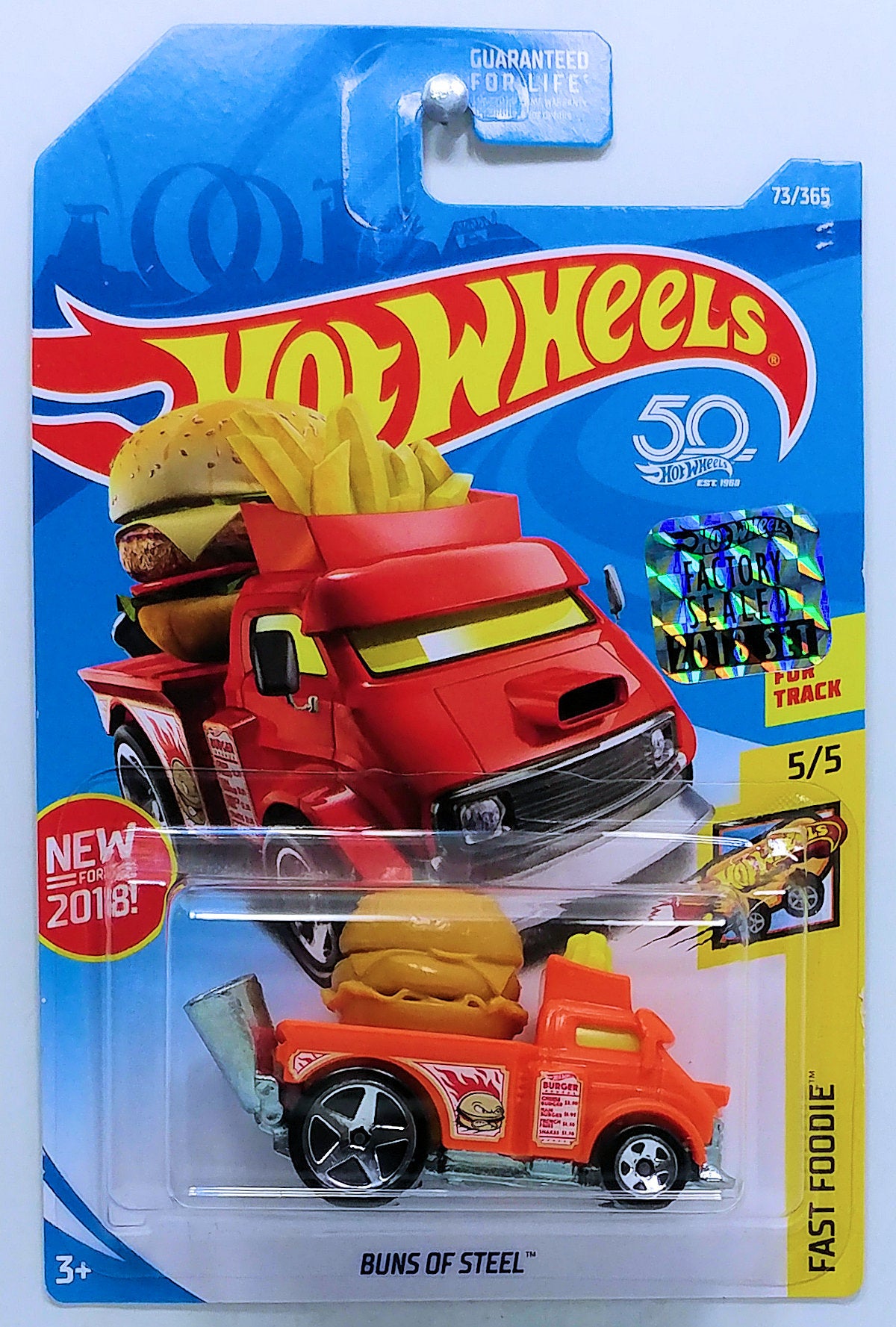 Hot Wheels 2018 - Collector # 237/365 - Fast Foodie 5/5 - Buns of Steel - Orange  -  50th Card with FSS