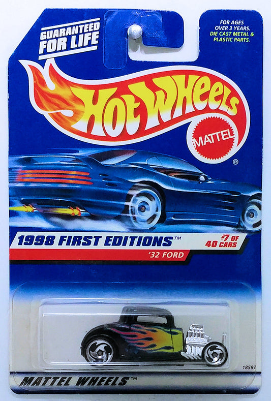 Hot Wheels 1998 - Collector # 636 - First Editions 7/40 - ’32 Ford - Black - Sawblades - Malaysia - USA Blue Car Card