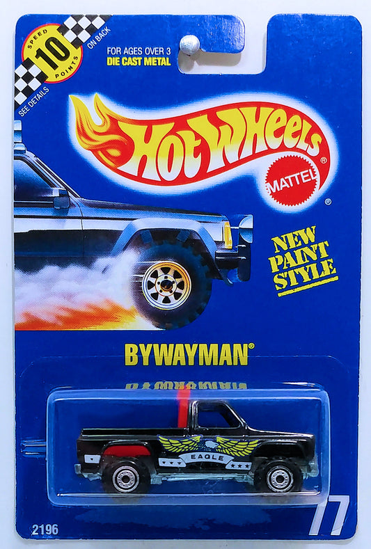 Hot Wheels 1990 - Collector # 77 - Bywayman - Black - Blue in Tampo - USA Blue Card with Speed Points & New Paint Style