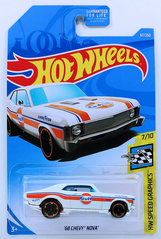 Hot Wheels 2019 - Collector # 067/250 - HW Speed Graphics 7/10 - '68 Chevy Nova - White / Gulf Racing - USA