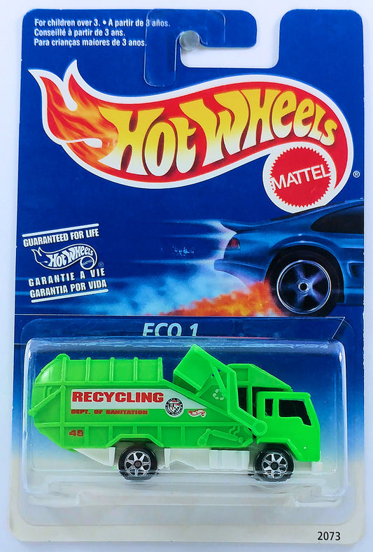 Hot Wheels 1997 - Collector # 143 - ECO 1 (Recycling Truck) - Lime Green - 7 Spokes - International Blue & White Card