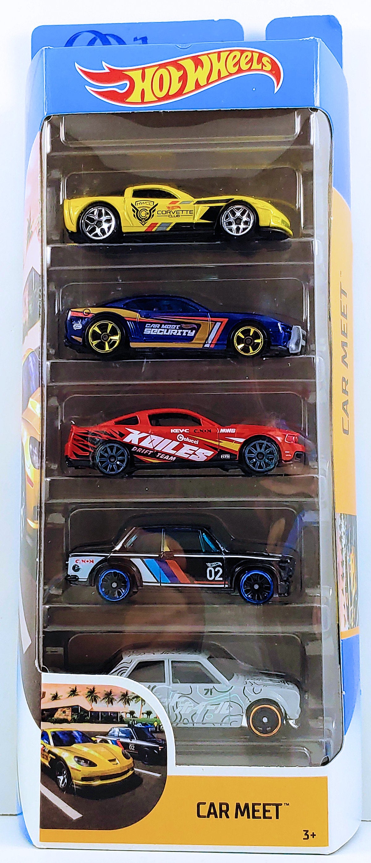 Hot Wheels 2020 - Gift Pack / 5 Pack - Car Meet - '12 Corvette Z06, '10 Camaro SS, 2010 Ford Mustang GT, BMW 2002 and '71 Datsun 510