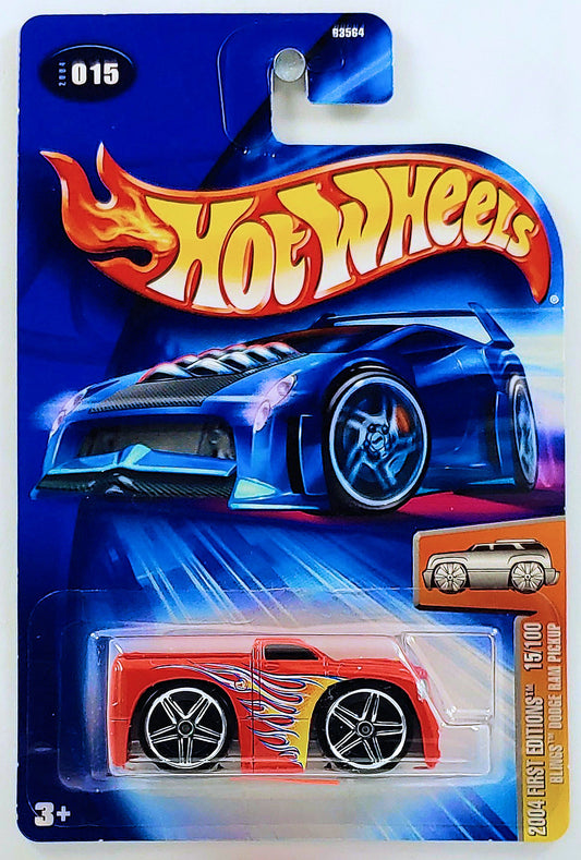 Hot Wheels 2004 - Collector # 015/212 - First Editions 15/100 - Blings Dodge Ram Pickup - Red - Flames on Sides & Hood - Bed Cover has NONE - PR5 Wheels - Gray Base - USA '04 New Card