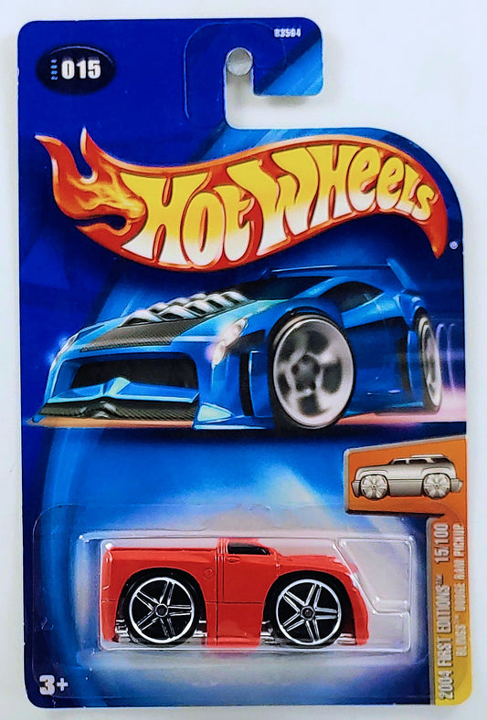 Hot Wheels 2004 - Collector # 015/212 - First Editions 15/100 - Blings Dodge Ram Pickup - Red - Flames Hood & Bed Cover ONLY - NO Dodge Ram Emblem on Bed Cover - PR5 Wheels - Chrome Base - USA '04 Old Card