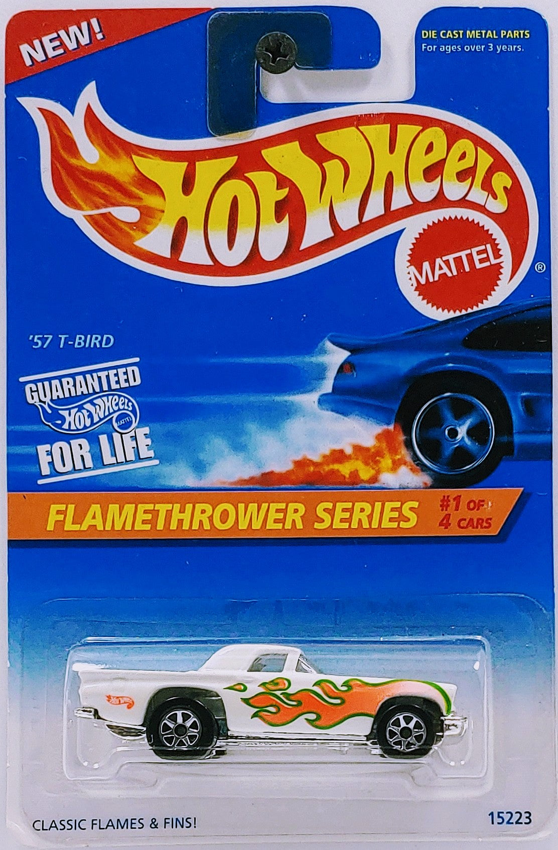 Hot Wheels 1996 - Collector # 384 - Flamethrower Series 1/4 - '57 T-Bird - White / Flames - Hot Wheels Logo on Rear Fender - 7 Spokes
