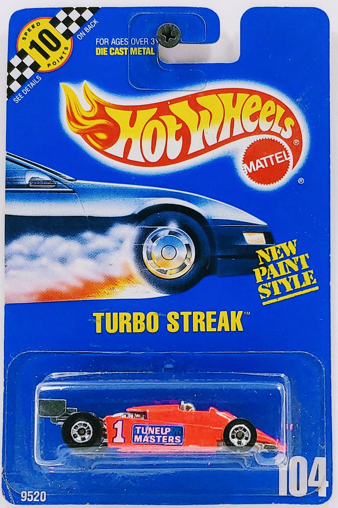 Hot Wheels 1991 - Collector # 104 - Turbo Streak - Fluorescent Red - BW Wheels - Unpainted Rear Wing - Pink Letters on Side - USA Blue Card with Speed Points