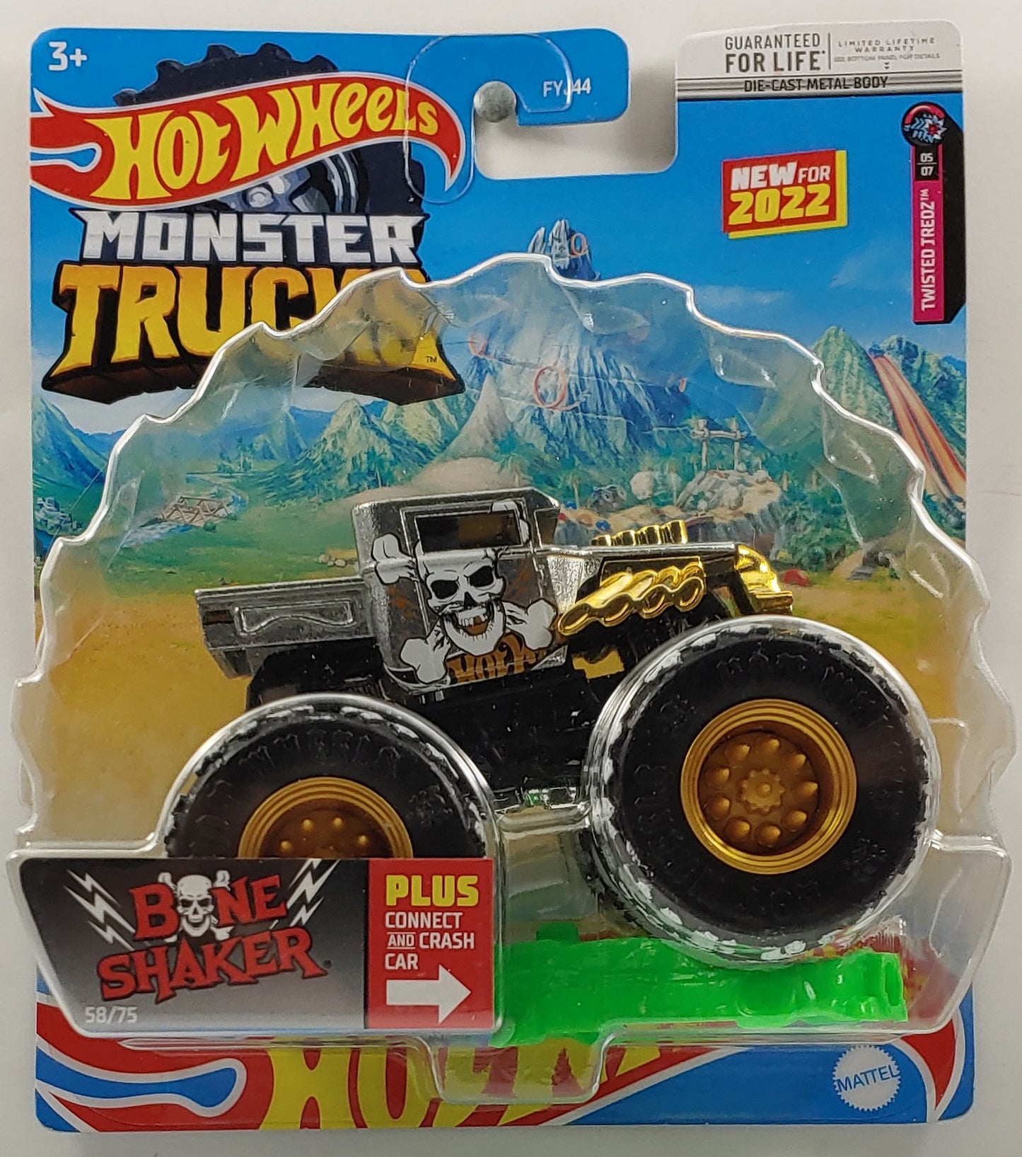 Hot Wheels 2022 - Monster Trucks 58/75 - Twisted Treads 05/07 - Bone Shaker - ZAMAC - Plus Connect and Crash Car