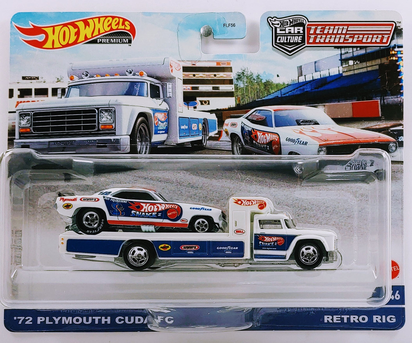 Hot Wheels 2022 - Premium / Car Culture / Team Transport # 46 - '72 Plymouth Cuda FC (Snake II) & Retro Rig - White / Don 'The Snake' Prudhomme - Metal/Metal & Real Riders