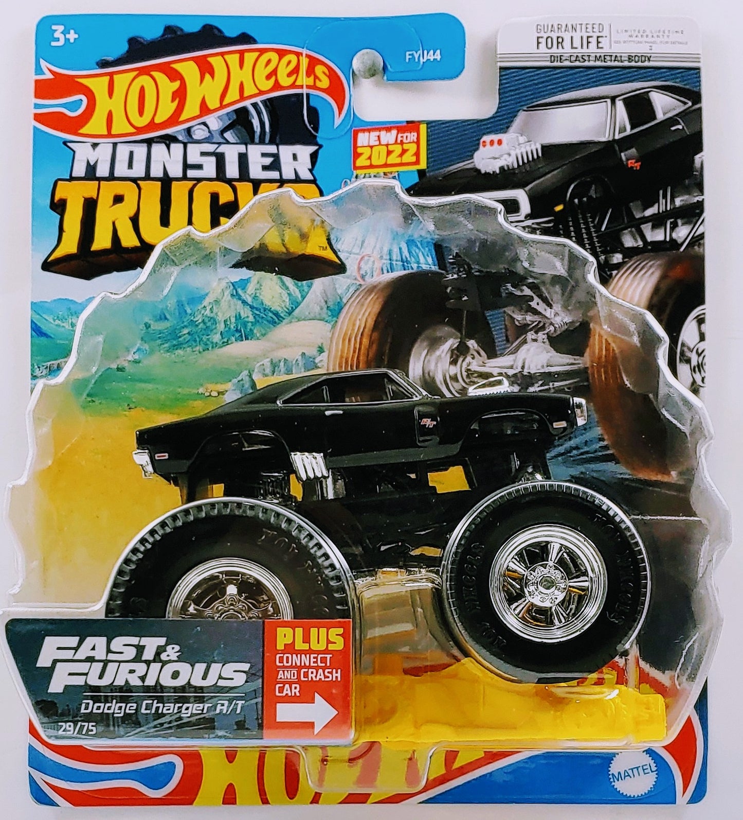 Hot Wheels 2022 - Monster Trucks 29/75 - New Models - Fast & Furious / Dodge Charger R/T - Black - Chrome Mag Wheels with Slicks - Includes FREE Connect and Crash Car