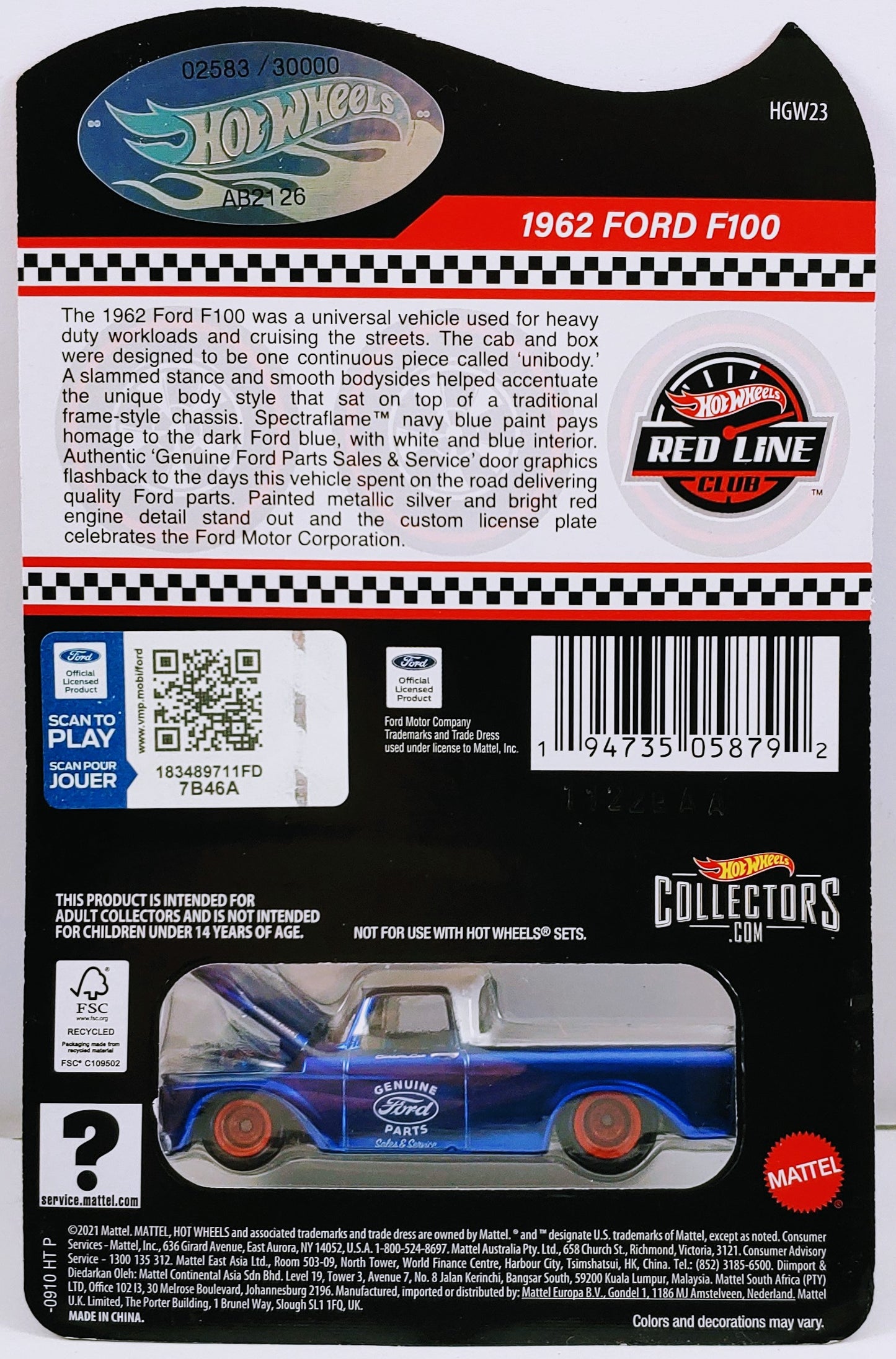 Hot Wheels 2022 - RLC Exclusive - 1962 Ford F100 - Spectraflame Blue - Metal/Metal & Real Riders - Limited to 30,000 - Kar Keeper