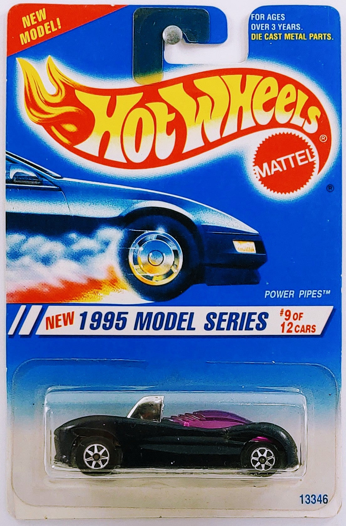 Hot Wheels 1995 - Collector # 349 - Model Series 9/12 - Power Pipes - Blue - 7 Spokes - USA Blue & White Card - MPN 13346
