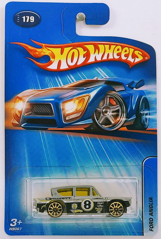 Hot Wheels 2005 - Collector # 179/183 - Ford Anglia - Flat Gray / #8 - Gold 10 Spokes - USA
