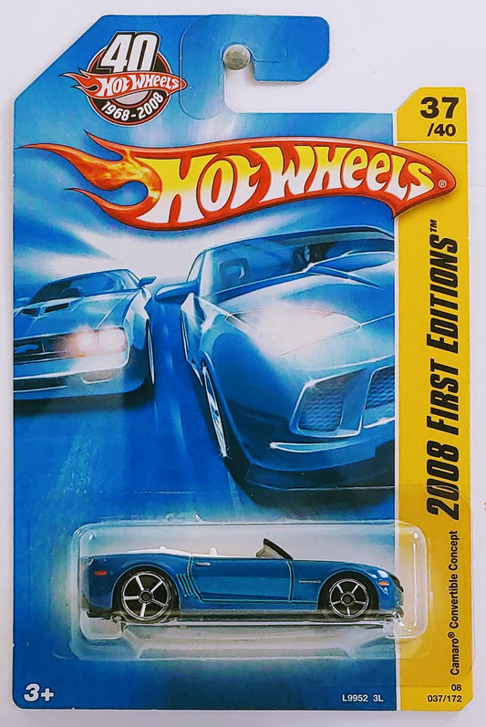 Hot Wheels 2008 - Collector # 037/172 - First Editions 37/40 - Camaro Convertible Concept - Blue - International Card with 40th Anniversary Logo