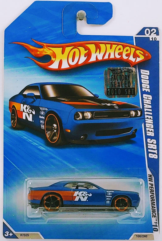 Hot Wheels 2010 - Collector # 100/240 - HW Performance 2/10 - Dodge Challenger SRT8 - Blue / K&N Filters - Walmart Exclusive - USA Card with Factory Sticker