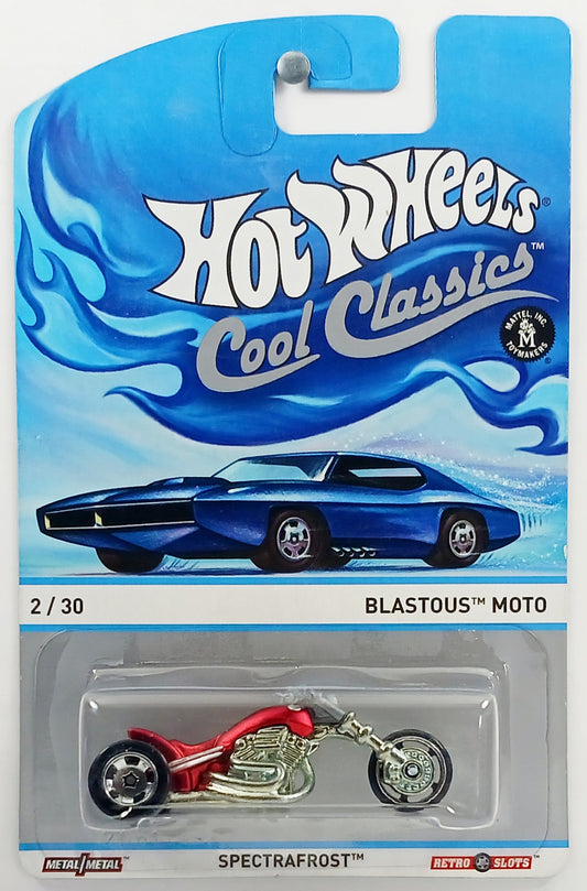 Hot Wheels 2013 - Cool Classics Series # 02/30 - Blastous Moto - Spectrafrost Red - Metal/Metal & Retro Slots - Blue Car Card