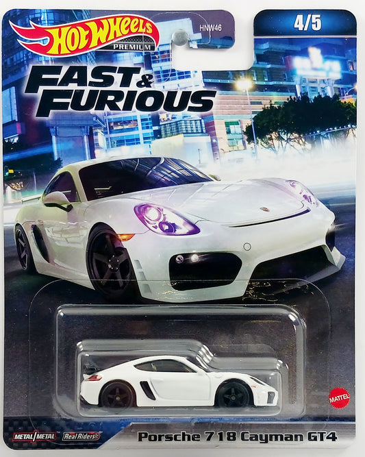 Hot Wheels 2023 - Premium / Fast &amp; Furious # 4/5 - Porsche 718 Cayman GT4 - White - Metal/Metal &amp; Real Riders - New Casting!