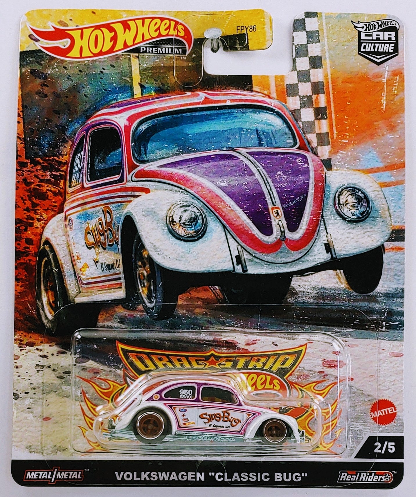 Hot Wheels 2022 - Premium / Car Culture / Drag Strip Demons 2/5 - Volkswagen "Classic Bug" - White / Slug Bug - Metal/Metal & Real Riders - Blister Card