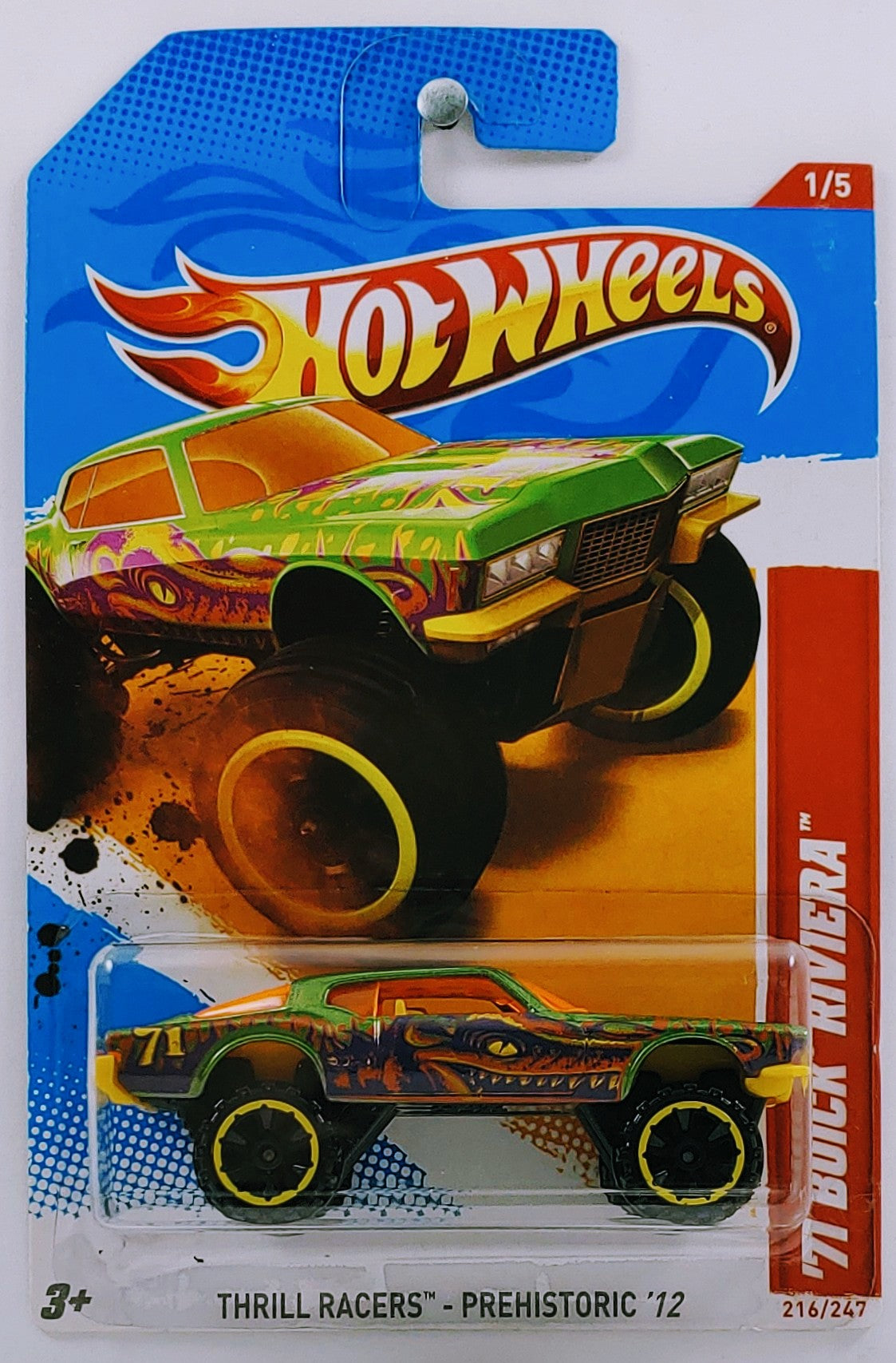 Hot Wheels 2012 - Collector # 216/247 - Thrill Racers / Prehistoric 1/5 - '71 Buick Riviera - Green / Dinosaur - USA