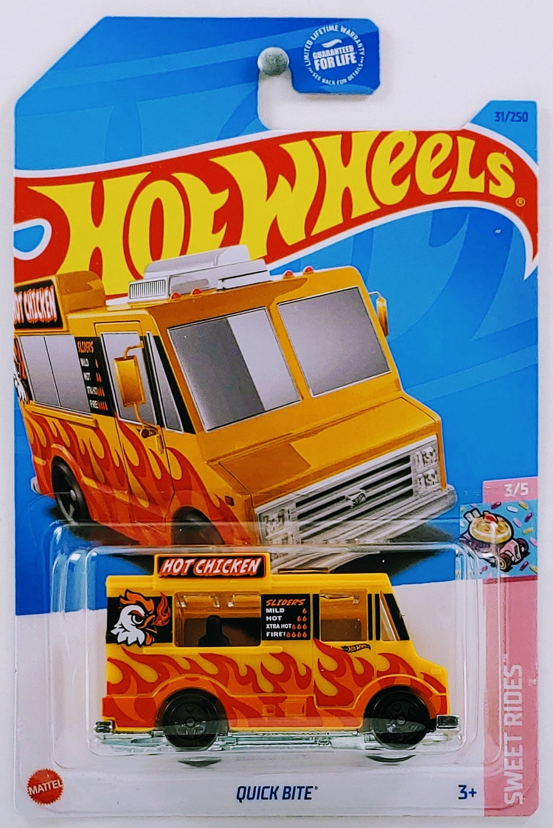 Hot Wheels 2023 - Collector # 031/250 - Sweet Rides 3/5 - Quick Bite - Orange / Flames & 'Hot Chicken' - USA