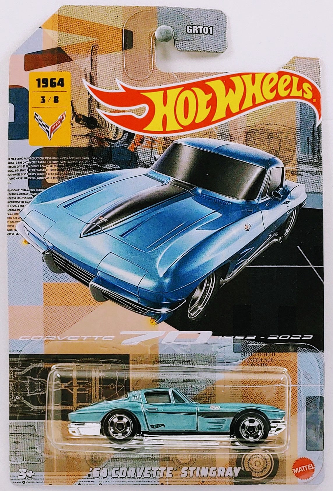 Hot Wheels 2023 - Corvette 70th Anniversary Series 3/8 - '64 Corvette Stingray - Metallic Blue - 5 Spokes - Walmart Exclusives