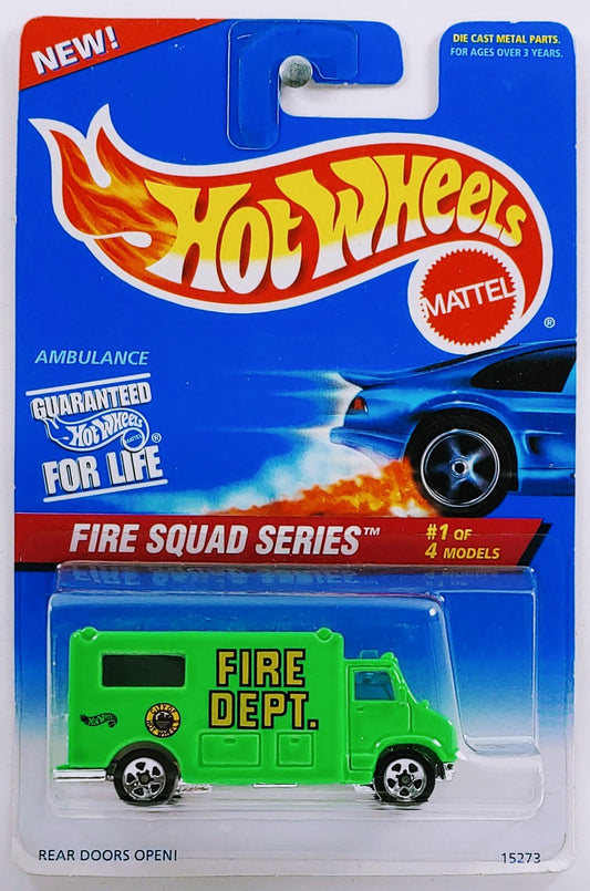 Hot Wheels 1996 - Collector # 424 - Fire Squad Series 1/4 - Ambulance - Bright Green / Fire Dept. - 5 Spokes - USA