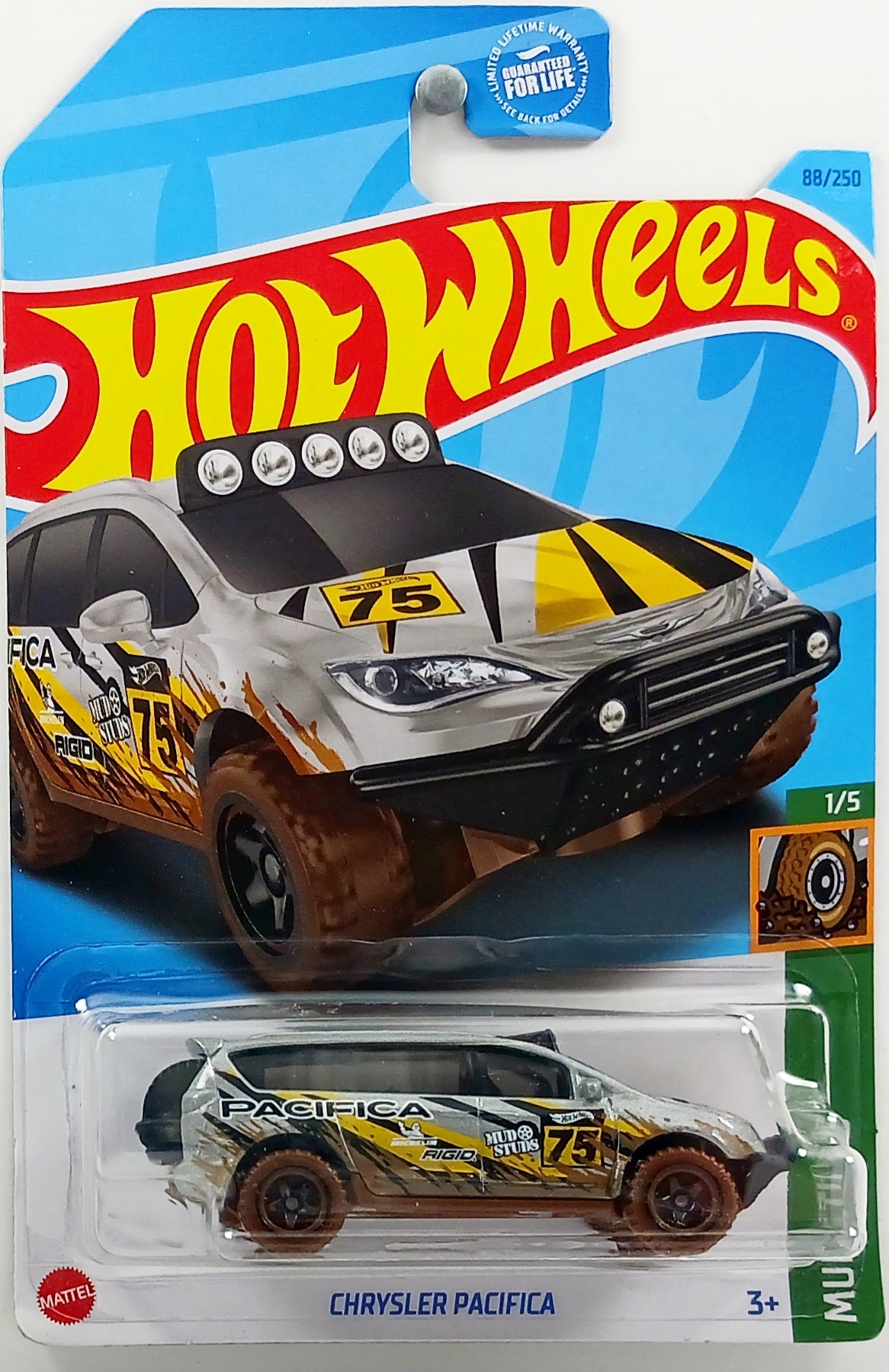 Hot Wheels 2023 - Collector # 088/250 - Mud Studs 01/05 - Chrysler Pacifica - Sliver - #75 / Mud Splatter / Black & Yellow Stripes - USA
