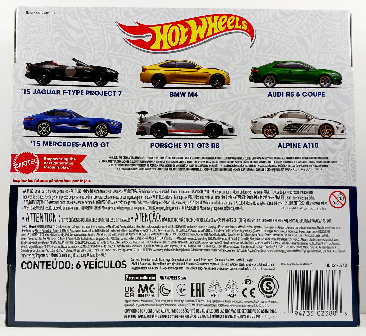 Hot Wheels 2023 - Euro Exotics 6-Pack - '15 Jaguar F-Type Project 7, BMW M4, Audi RS 5 Coupe, '15 Mercedes-AMG GT, Porsche 911 GT3 RS & Alpine A110 - Display Box