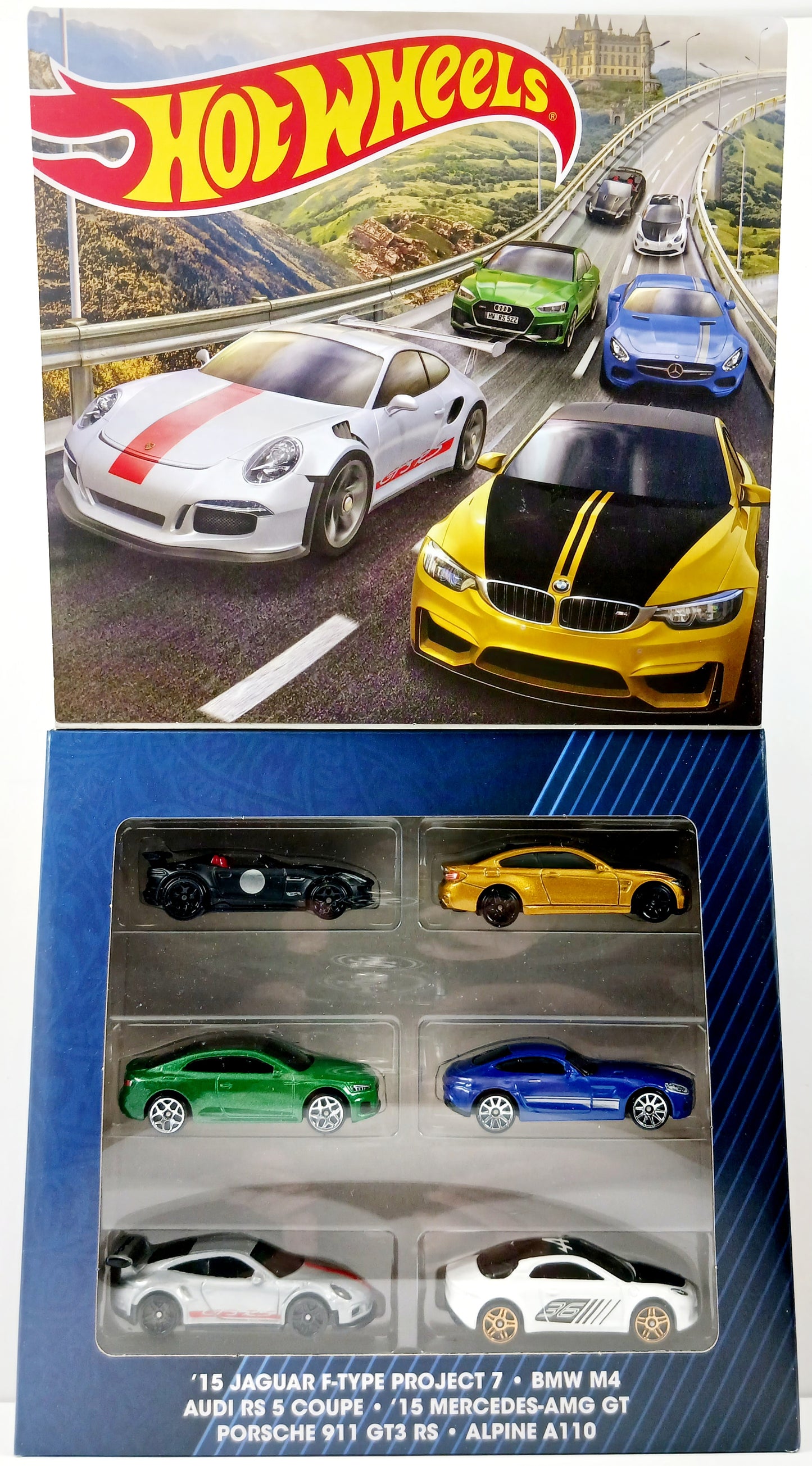 Hot Wheels 2023 - Euro Exotics 6-Pack - '15 Jaguar F-Type Project 7, BMW M4, Audi RS 5 Coupe, '15 Mercedes-AMG GT, Porsche 911 GT3 RS & Alpine A110 - Display Box