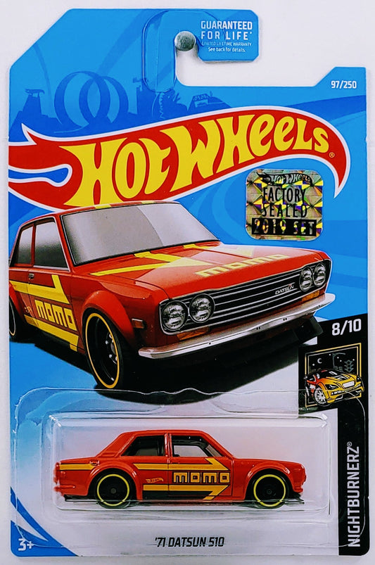 Hot Wheels 2019 - Collector # 097/250 - Nightburnerz 8/10 - '71 Datsun 510 - Red / MOMO - FSC