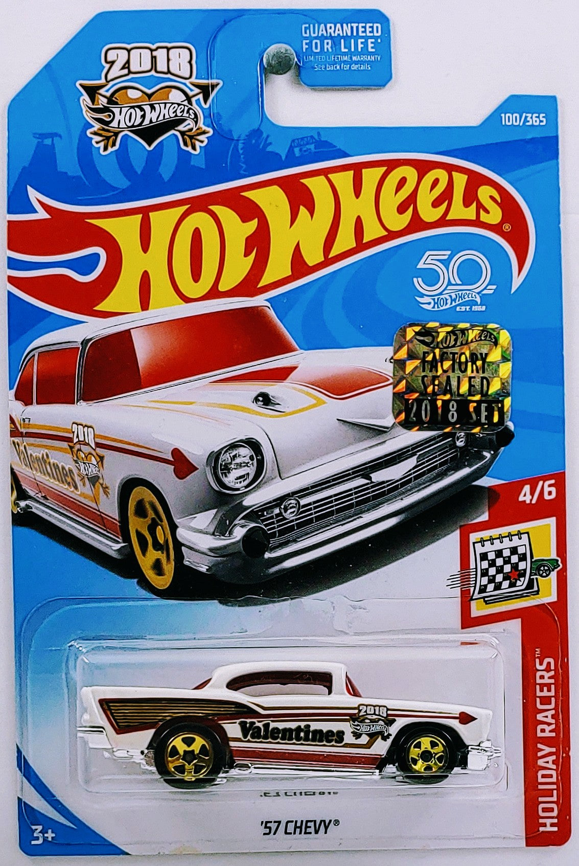 Hot Wheels 2018 - Collector # 100/365 - Holiday Racers 4/6 - '57 Chevy - White - Valentines - FSC