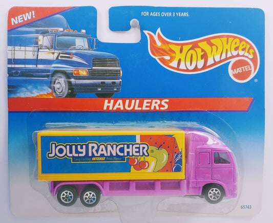 Hot Wheels 1997 - Haulers - Jolly Rancher - Magenta Cab & Yellow Trailer Box decorated with Jolly Rancher