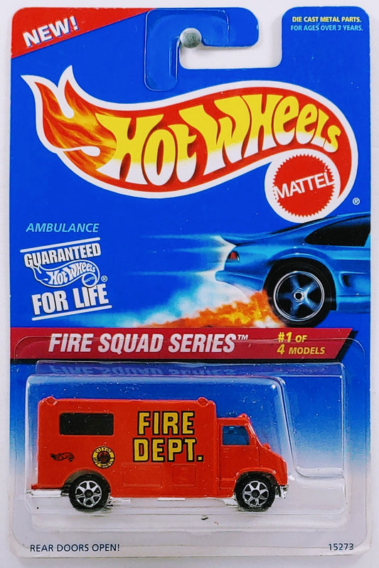 Hot Wheels 1996 - Collector # 424 - Fire Squad Series 1/4 - Ambulance - Red / Fire Dept. - 7 Spokes - USA