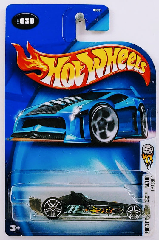 Hot Wheels 2004 - Collector # 030/212 - First Editions 30/100 - F-Racer - Matte Black with Blue Chrome Sides - USA