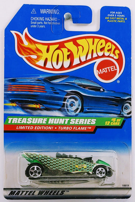 Hot Wheels 1998 - Collector # 753 - Treasure Hunt Series 5/12 - Turbo Flame - Chrome with Green & Black Checkers - 5 Spoke Wheels - USA