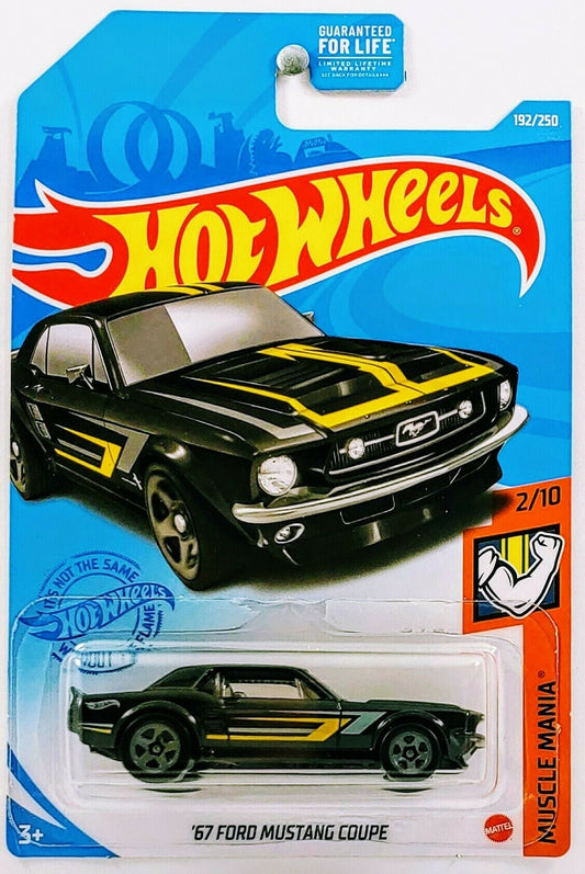 Hot Wheels 2021 - Collector # 192/250 - Muscle Mania 2/10 - '67 Ford Mustang Coupe - Black - Gray 5 Spokes - Smoked Windows - Gray Interior - Black Plastic Base - USA