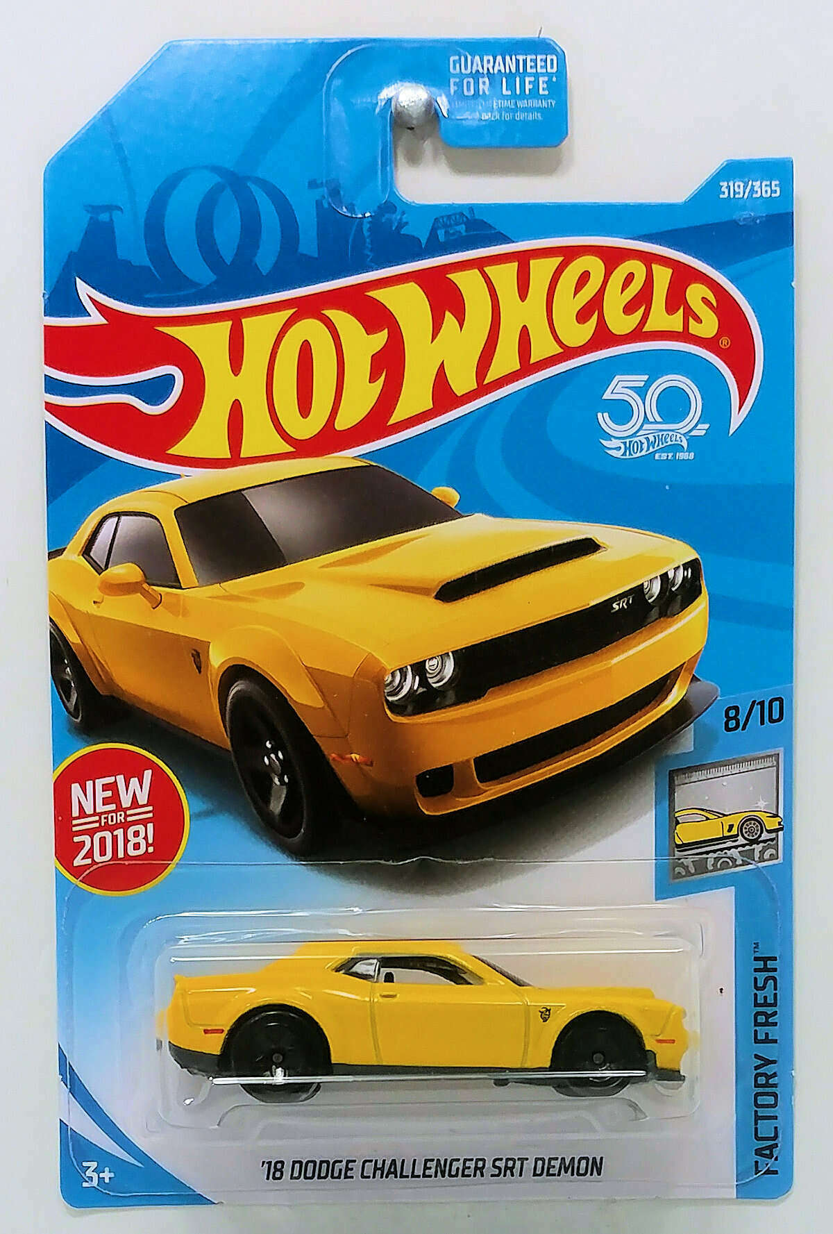 Hot Wheels 2018 - Collector # 319/365 - Factory Fresh 8/10 - New Models - '18 Dodge Challenger SRT Demon - Yellow - USA 50th Card