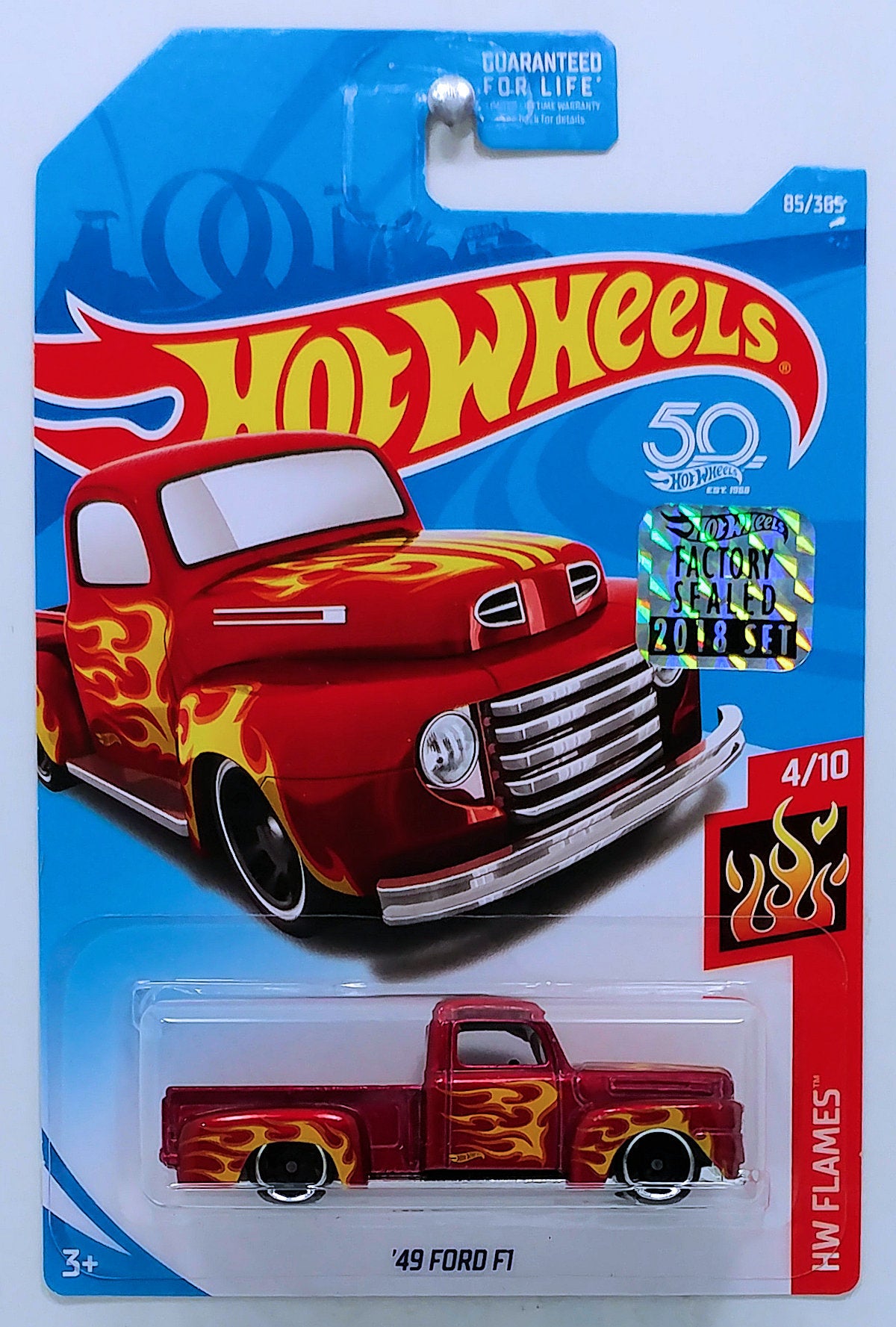 Hot Wheels 2018 - Collector # 085/365 - HW Flames 4/10 - '49 Ford F1 - Metallic Dark Red - USA 50th Card with Factory Set Sticker