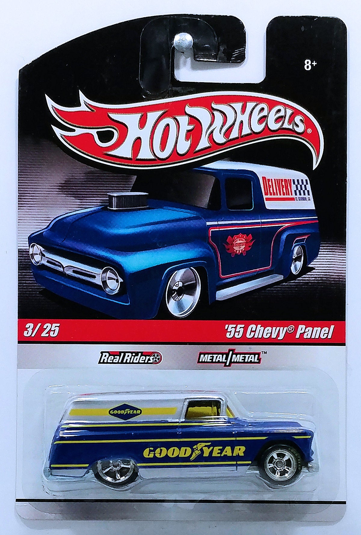 Hot Wheels 2010 - Delivery / Slick Rides 03/25 - '55 Chevy Panel - Silver & Blue / Good Year - Metal/Metal & Real Riders