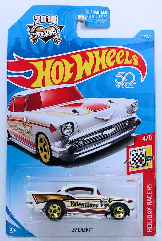 Hot Wheels 2018 - Collector # 100/365 - Holiday Racers 4/6 - '57 Chevy - White - Valentines - USA '50th' Card