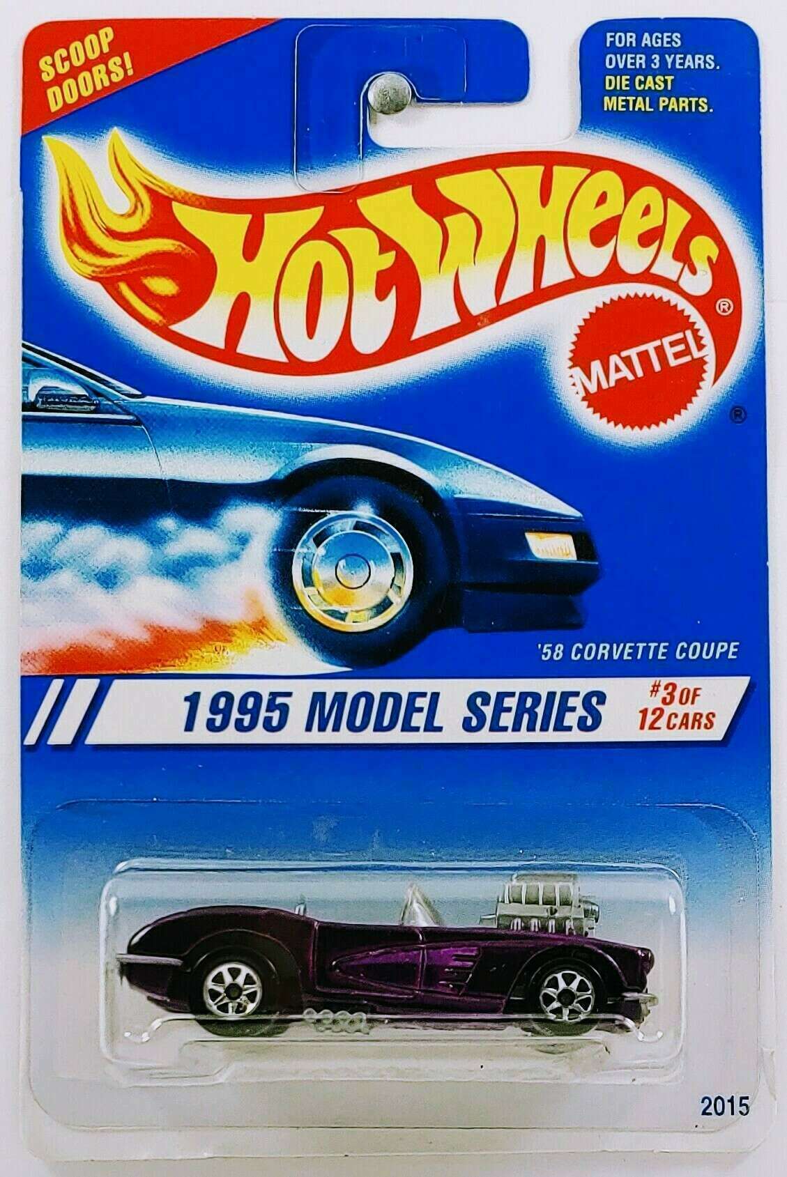 Hot Wheels 1995 - Collector # 341 - Model Series 3/12 - '58 Corvette Coupe - Purple - 7 Spokes - Gray Motor, Interior, Bumpers & Grille