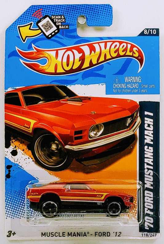 Hot Wheels 2012 - Collector # 118/247 - Muscle Mania - Ford 8/10 - '70 Ford Mustang MACH I - Red - ERROR: The Chassis is misaligned.