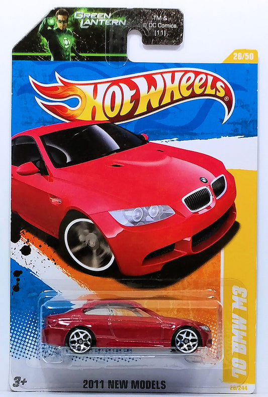 Hot Wheels 2011 - Collector # 026/244 - New Models 26/50 - '10 BMW M3 - Red - Y5 Wheels - USA Card with 'Green Lantern' Promo