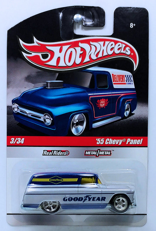 Hot Wheels 2010 - Delivery / Slick Rides 03/34 - '55 Chevy Panel - Blue & Silver / Good Year - Metal/Metal & Real Riders