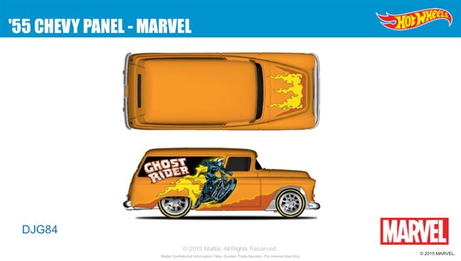 Hot Wheels 2016 - Pop Culture / Marvel - '55 Chevy Panel - Orange with Ghost Rider Graphics - Metal/Metal & Real Riders - NO Bike & Rear Door Does Not Open