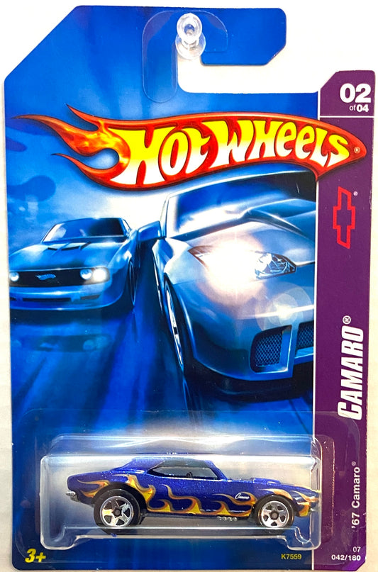 Hot Wheels 2007 - Collector # 042/180 - Camaro Series 2/4 - '67 Camaro - Blue / Flames - 5 Spokes - Opening Hood - Metal/Metal - USA