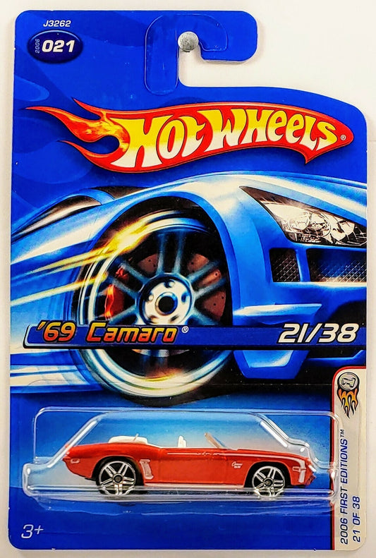 Hot Wheels 2006 - Collector # 021/223 - First Editions 21/38 - '69 Camaro - Orange Red - PR5 Wheels - Black Plastic Base
