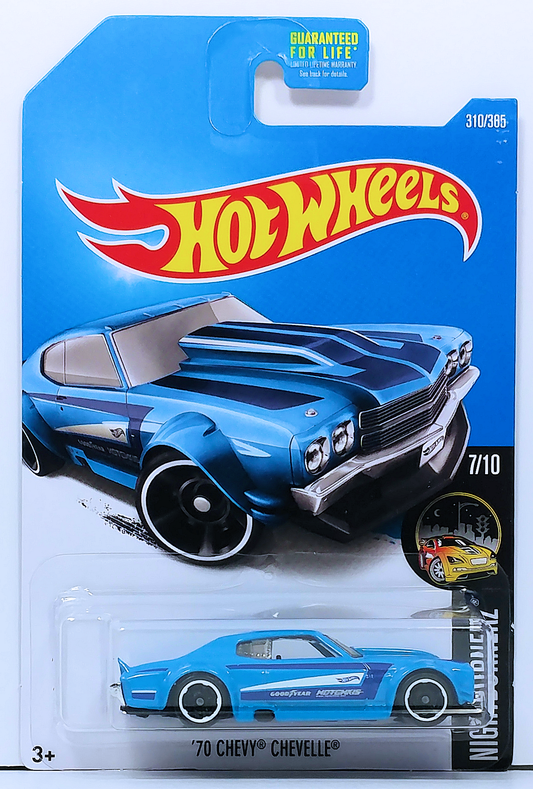 Hot Wheels 2017 - Collector # 310/365 - Nightburnerz 7/10 - '70 Chevy Chevelle - Deep Sky Blue - USA