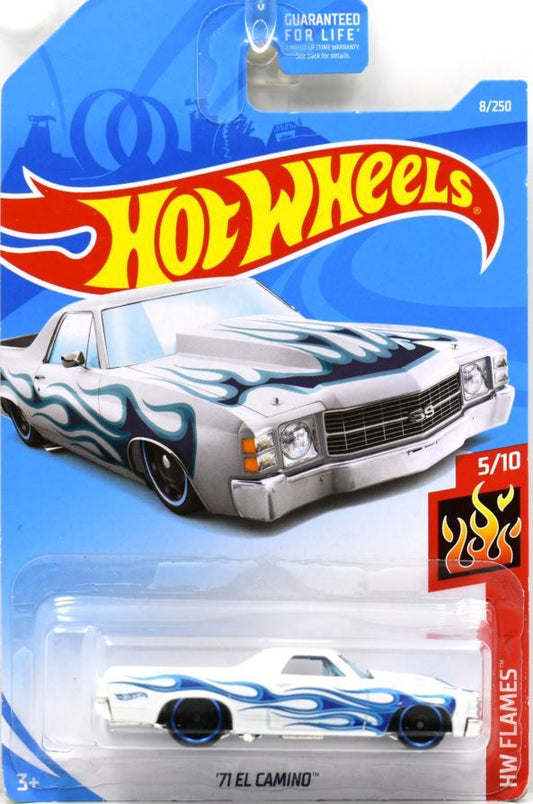Hot Wheels 2019 - Collector # 008/250 - HW Flames 5/10 - '71 El Camino - White with Blue Flames - Kroger Exclusive - USA